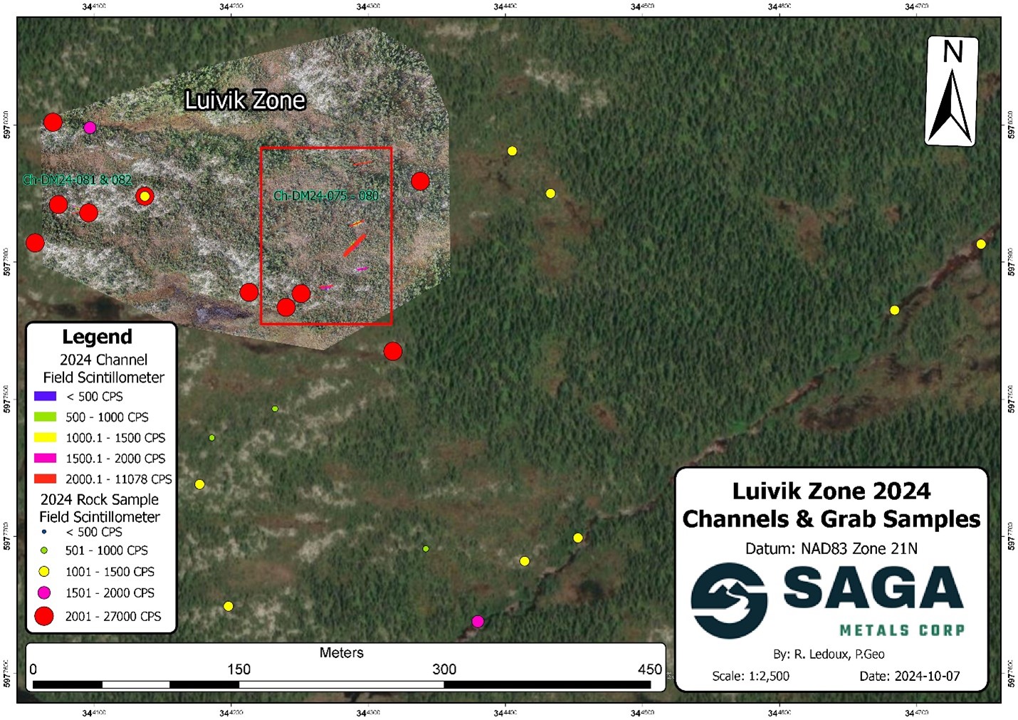 Luivik zone with detailed drone imagery inset of channel sample cross section perpendicular over zone expressing both rock and channel sample locations with CPS readings from R-125 Scintillometer