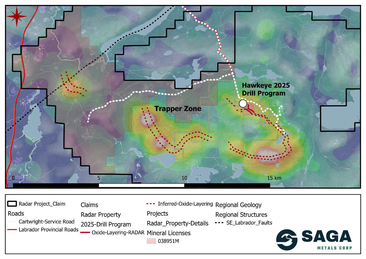 Map of the Radar Ti-V project including recent claim staking and highlights the geophysical anomalies as well as the oxide layer trend