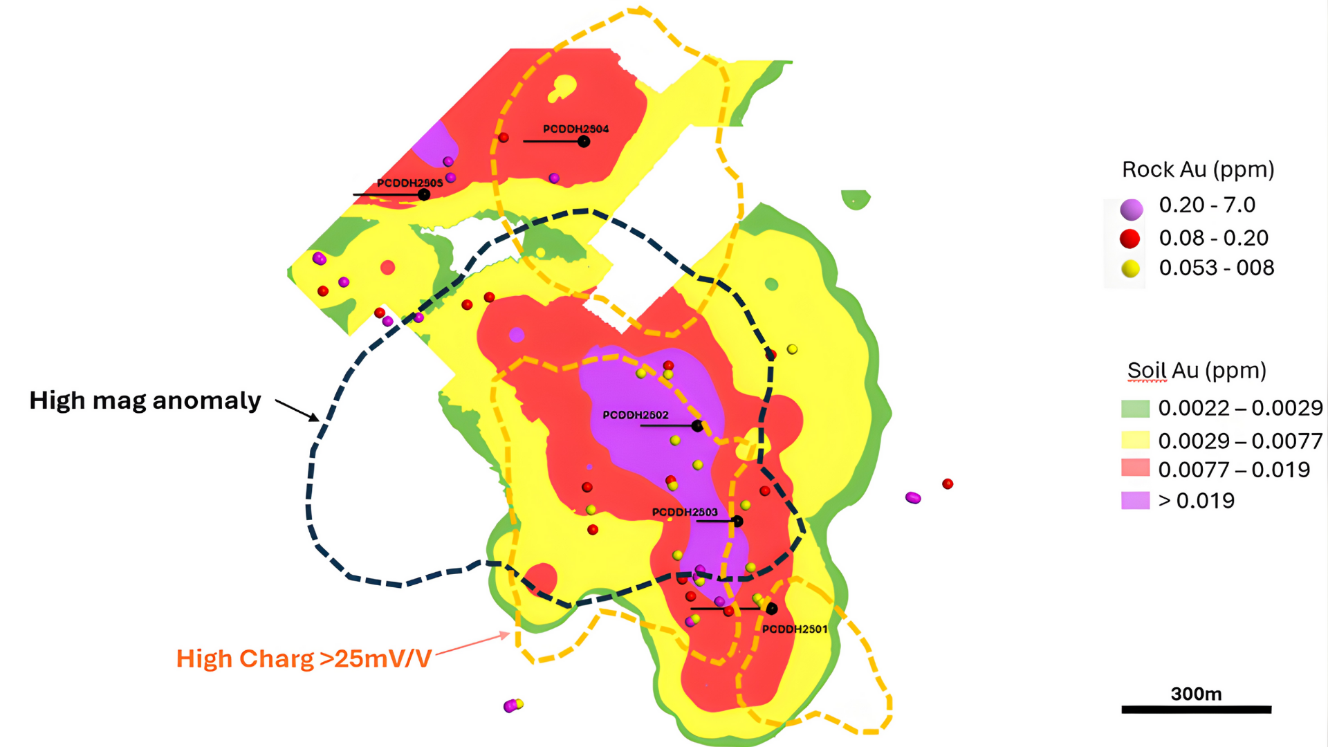 Figure 3 – Pucarini Au in Rock and Soil Geochemistry - Ground High Magnetic Susceptibility and Proposed Drill Hole Locations (1,750 m Proposed)